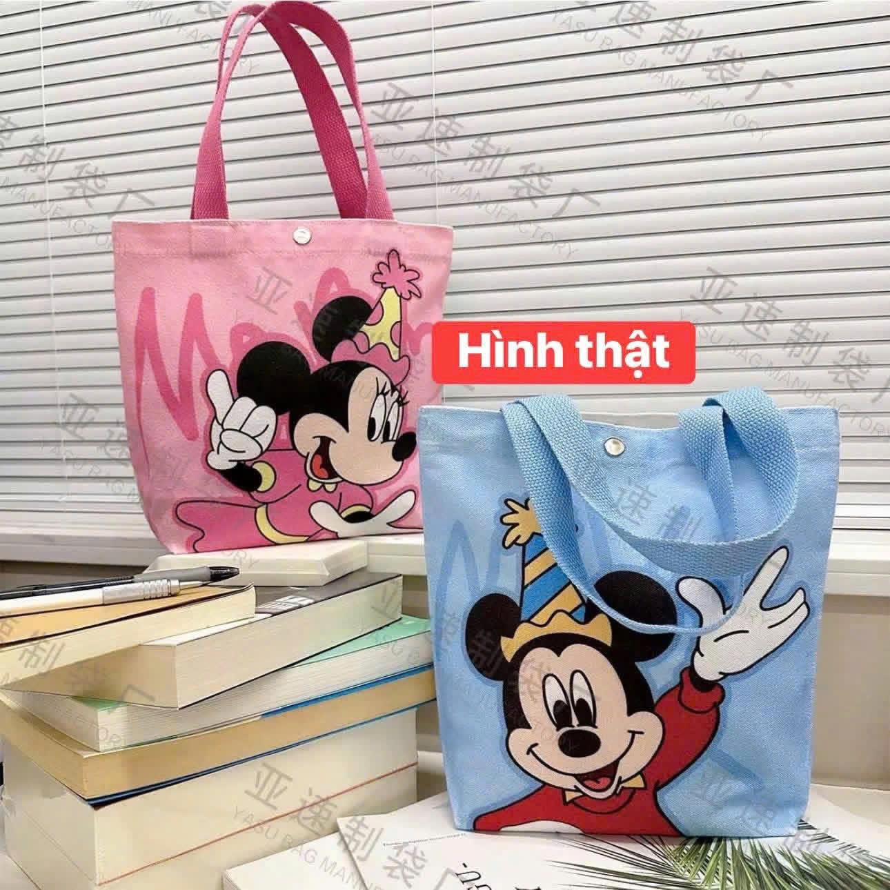 Túi Tote Vải Canvas MICKEY In Hình Hoạt Hình Cute – Quà Sinh Nhật, Đi Học, Đi Chơi – Size 27x24x8cm, 2 Màu Xanh Hồng - HÀNG CHÍNH HÃNG MINIIN
