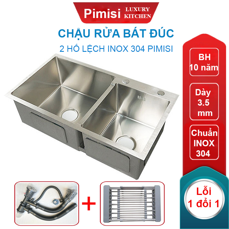 Chậu rửa bát inox 304 Pimisi đúc cao cấp 2 hố lệch - kích thước 7843-8245 cm kèm rổ đựng đồ và đầy đủ xi phông loại ống to, dùng để rửa chén bát gắn được cả âm bàn đá | Hàng chính hãng