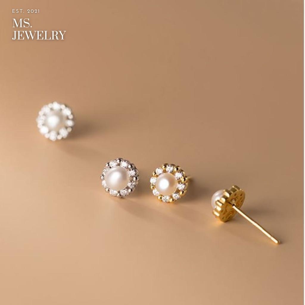 Khuyên Tai Thời Trang Bạc S925 Pearl Đính Đá Cao Cấp
