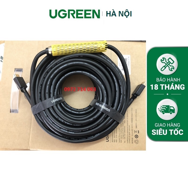 Cáp HDMI 20m Ugreen 10112 chính hãng, IC khuếch đại tín hiệu 4K@30HZ - hàng chính hãng