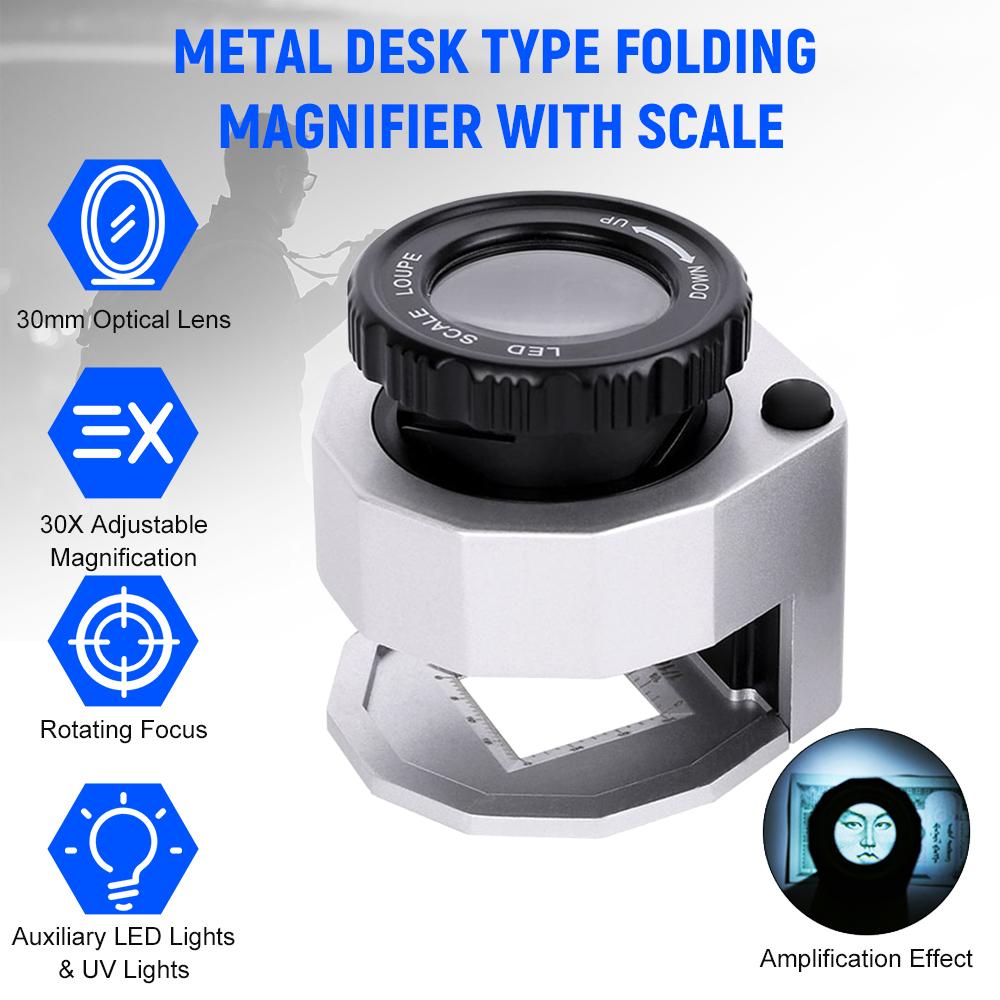 Kính lúp gấp có thể điều chỉnh độ phóng đại LED 30X Loại bàn kim loại Gương có tỷ lệ nhỏ Gương đọc trang sức Kính lúp