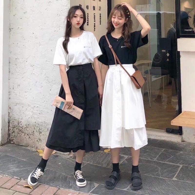 Chân Váy Midi Ulzzang Nữ, Chân Váy Xếp Ly 2 Màu Đen Trắng