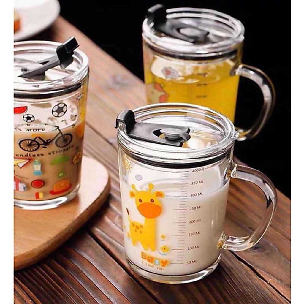 Cốc Pha Sữa Uống Nước Cốc Thuỷ Tinh Chịu Nhiệt Có Vạch Chia Dung Tích 400ML- Có Nắp Đậy Kín Chặt Kèm Ống hút Hút