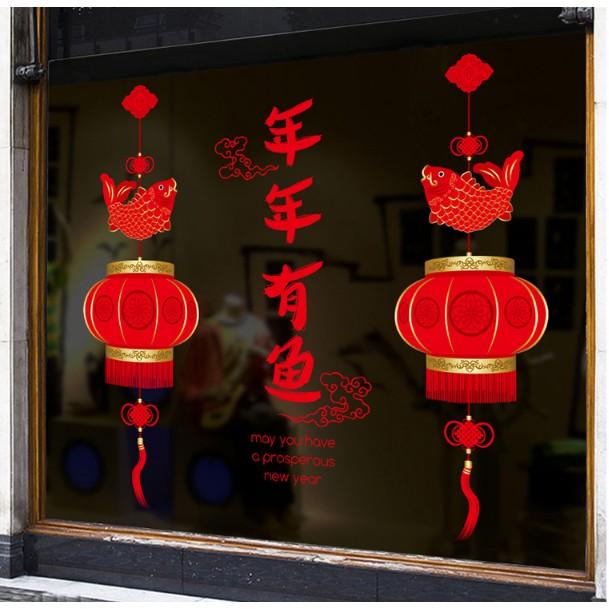 Decal trang trí tết - lồng đèn Cá Chép đỏ kèm chữ