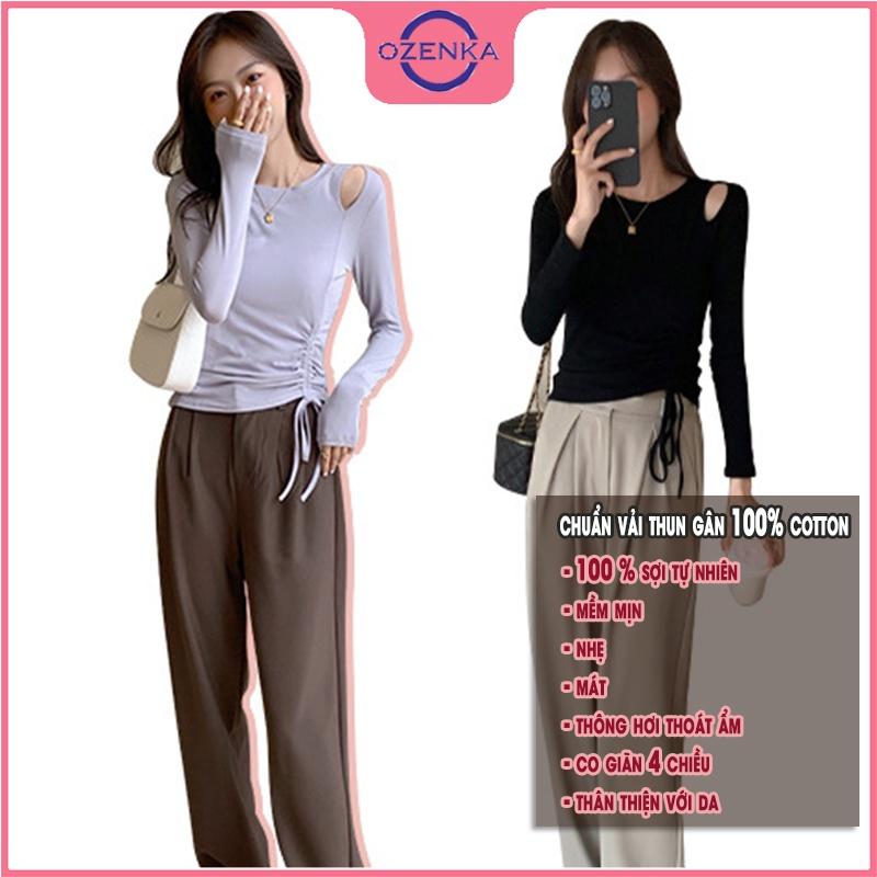 Áo thun croptop tay dài rút dây hở vai OZENKA , crt ôm body nữ đẹp thun gân 100% cotton màu đen trắng dưới 50 kg