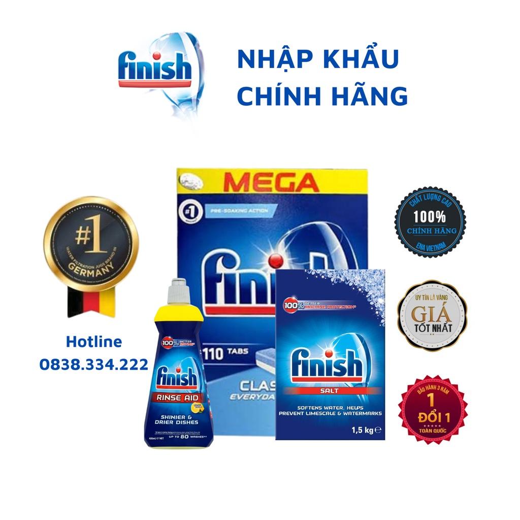 Combo Viên rửa chén bát Finish Classic 110 viên + Muối 1.5kg + Nước làm bóng 400ml hương Chanh Chính hãng