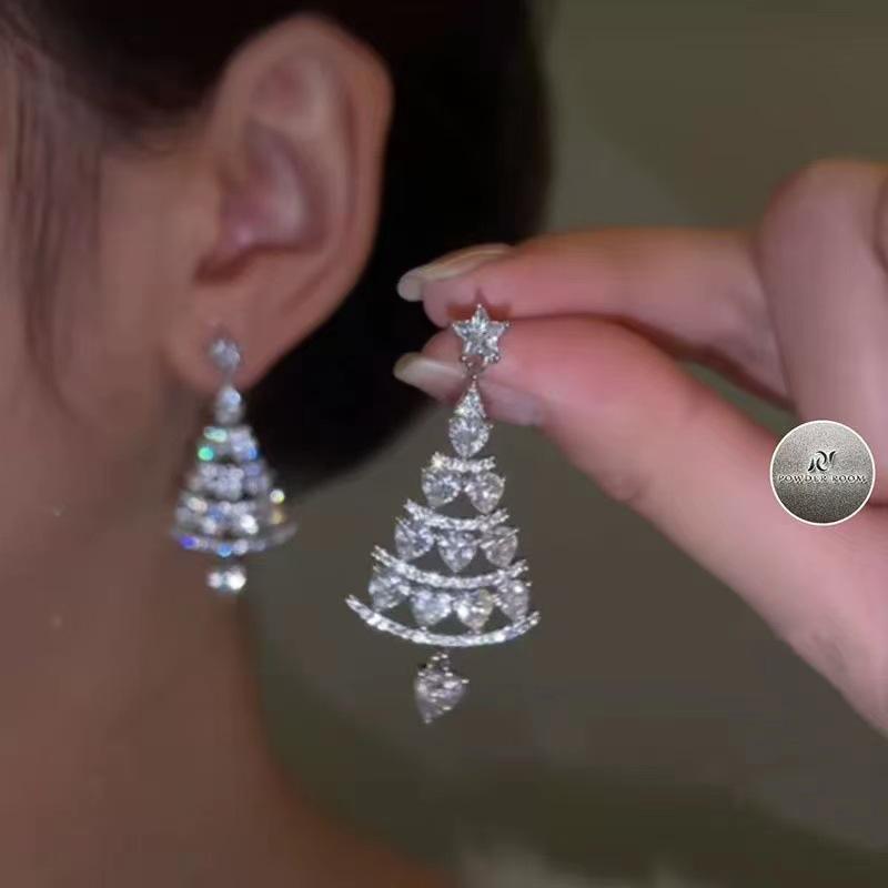 Hoa tai cây Giáng sinh, đôi bông tai cây Giáng sinh mạ vàng 14k vàng, hoa tai kim cương đầy đủ