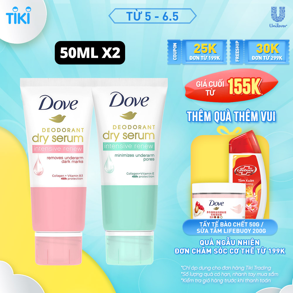 Combo 2 Kem khử mùi Dove tinh chất serum dưỡng da sáng mịn đều màu &amp; thu nhỏ lỗ chân lông 50ml