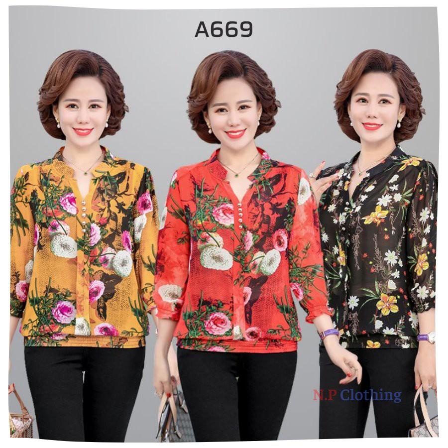 Áo Kiểu Trung Niên Phối Họa Tiết Sang Trọng Đi Tiệc Trẻ Trung Thời Trang Cho Mẹ U50-80 ️Có Big Size️