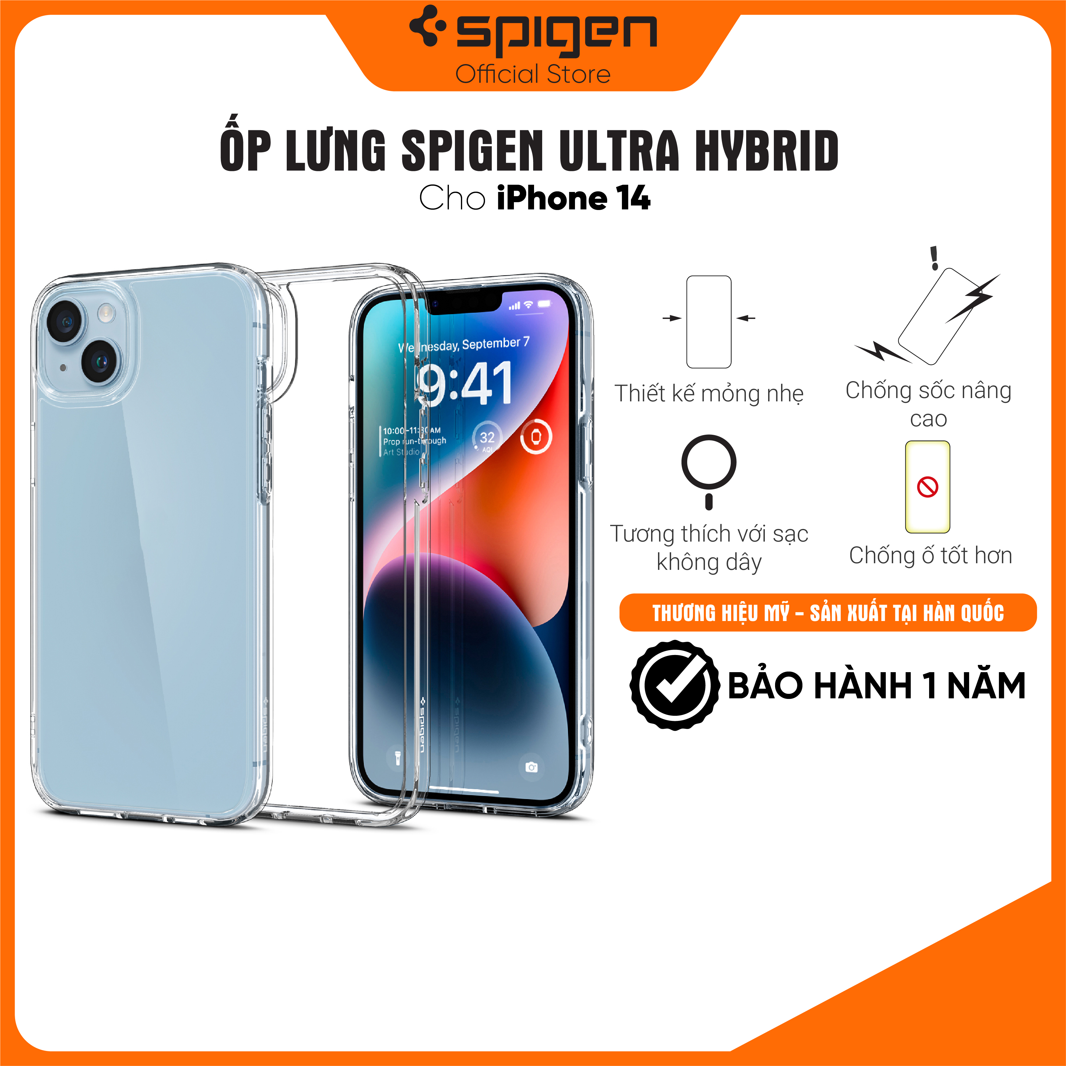 Ốp lưng Spigen Ultra Hybrid cho iPhone 14/14 Plus/ 14 Pro/14 Pro Max - Thiết kế trong suốt, chống sốc , chống ố, chống bẩn , viền camera cao - Hàng chính hãng