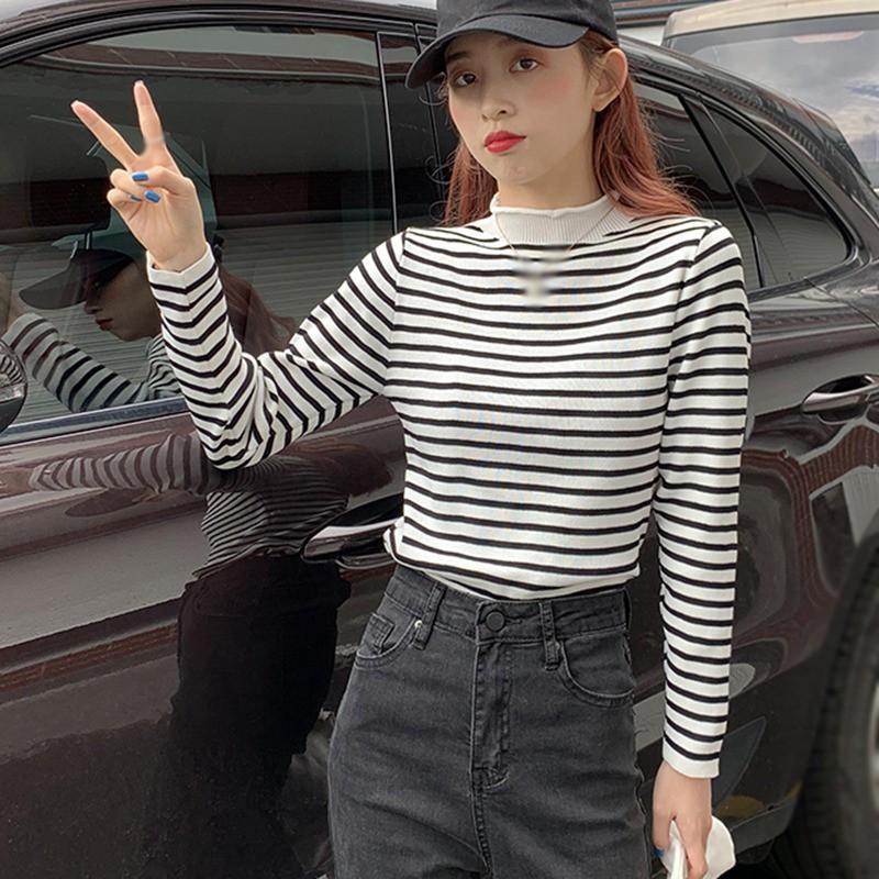 Áo Sweater Dệt Kim Cổ Lọ Kẻ Sọc Xinh Xắn Cho Nữ