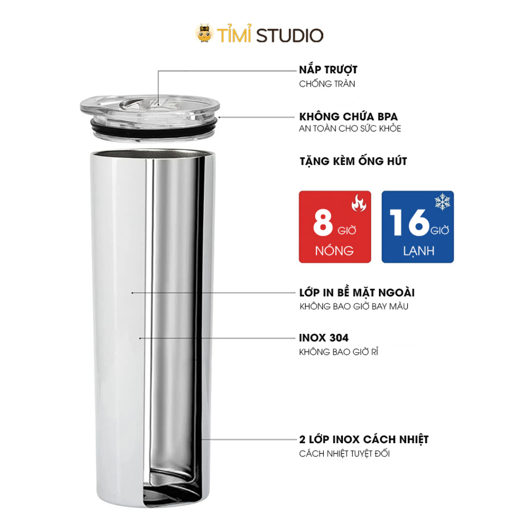 Ly Giữ Nhiệt Hình Ếch - Bình Giữ Nhiệt Hình Ếch - 600ml - Inox 304 - Tặng Kèm Ống Hút và Túi Đựng - Timi Studio