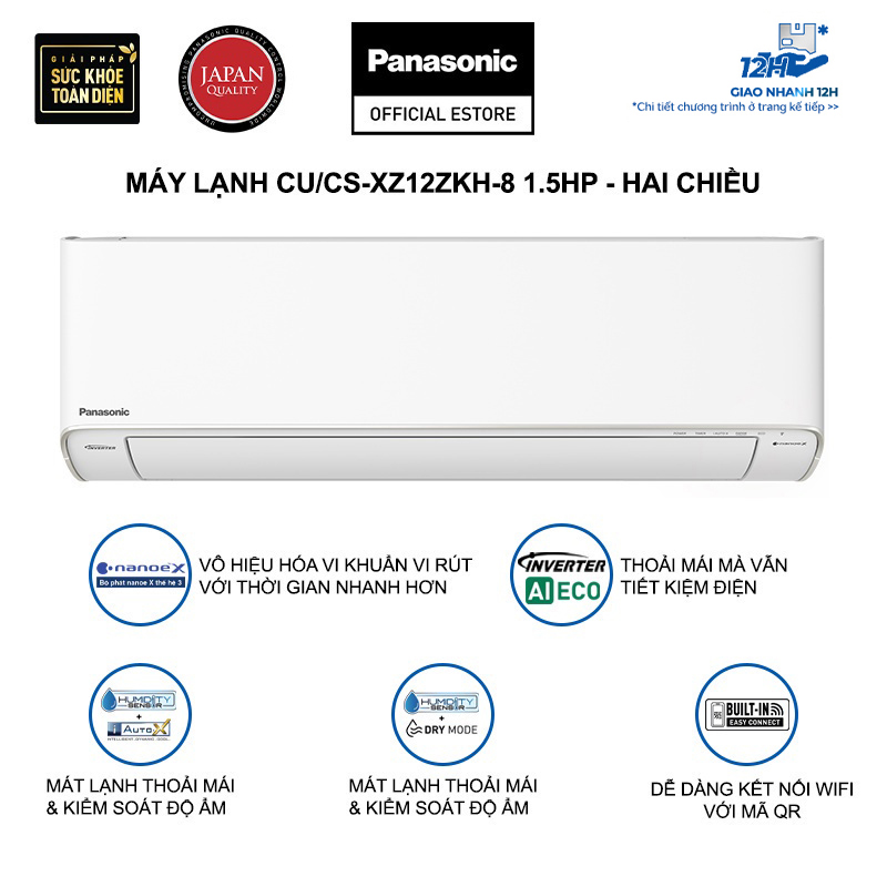 Máy lạnh/Điều hòa Panasonic CU/CS-XZ12ZKH-8 - Công suất 1.5HP - Hai chiều - Lọc sạch không khí nanoeX - Kết nối wifi - Hàng chính hãng