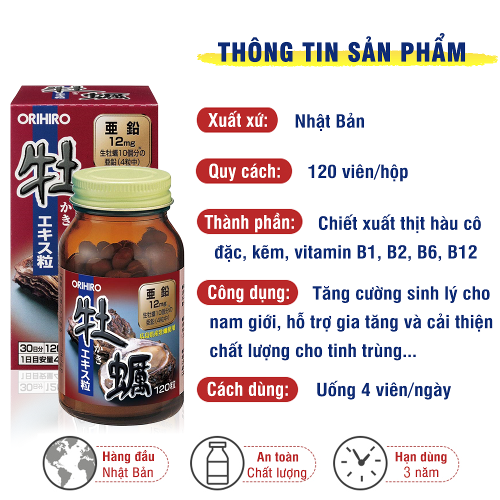 Viên uống tinh chất hàu tươi Orihiro tăng cường chức năng sinh lý nam giới 120 viên JN-OR-HAU01