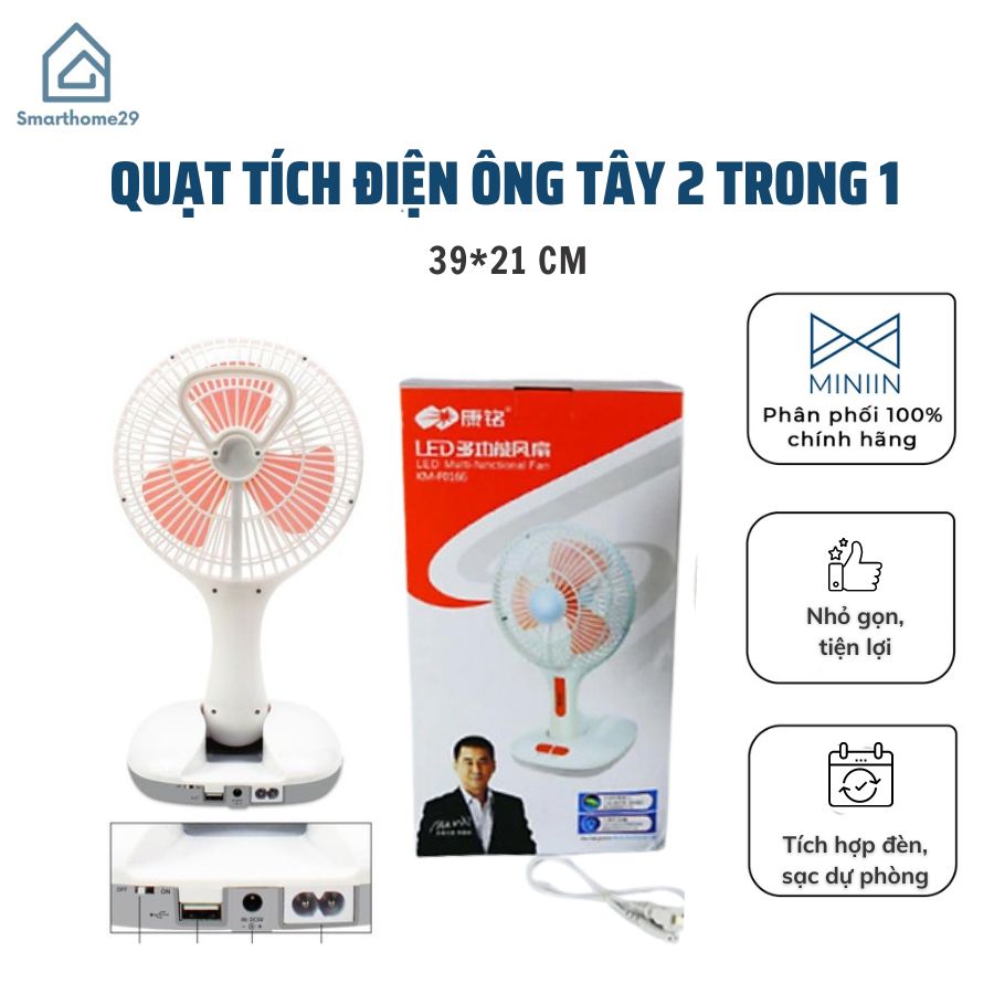 Quạt tích điện ông tây 2 trong 1, có đèn, 2 chế độ gió, kiêm sạc dự phòng gấp gọn - Hàng Chính hãng MINIIN (Giao màu ngẫu nhiên)