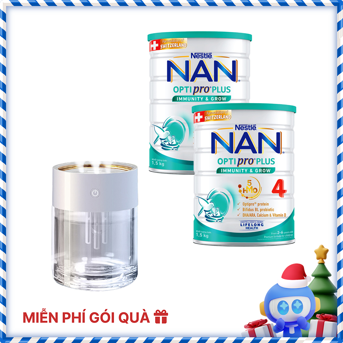 Bộ 2 Lon Sữa bột Nestlé NAN OPTIPRO PLUS 4 1500g/lon với 5HMO Giúp tiêu hóa tốt + Tăng cường đề kháng Tặng Máy phun sương đèn led (2 - 6 tuổi)