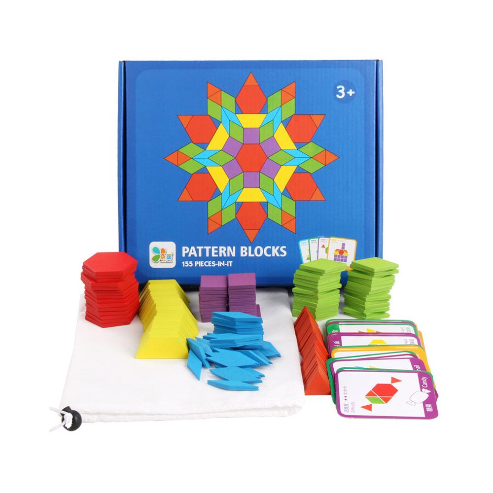 155 Pieces Wooden Pattern Block Geometric Shape Puzzle Early Education Montessori Toy with Design Cards for 3+ Years Old