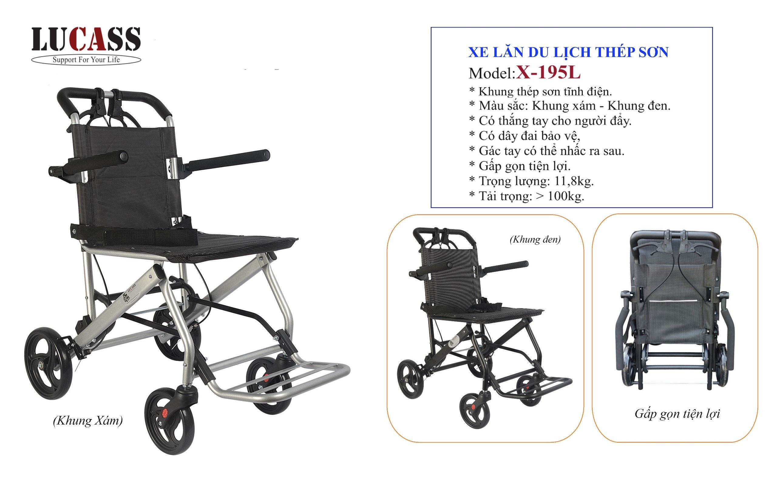 Xe Lăn Du Lịch Sắt Sơn Bánh Nhỏ Lucass X-195L