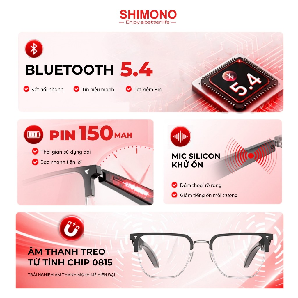 Kính Thông Minh Bluetooth SHIMONO AIMB-V2 Nghe Nhạc OpenEar, Đàm Thoại Rảnh Tay, Điều Khiển Cảm Ứng Hàng Chính Hãng