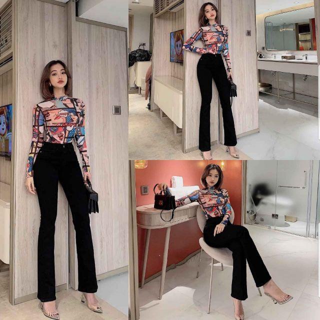 Quần Jean Nữ Ống Loe Đen Trơn Lưng Cao
