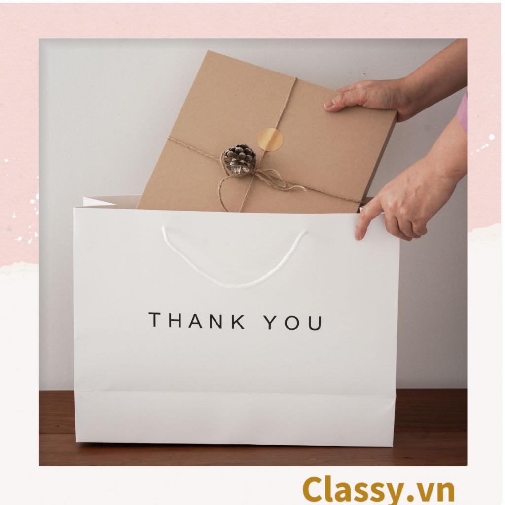 Túi giấy kraft Classy Thank You có quai xách màu trắng, nhiều kích cỡ lựa chọn Q1352