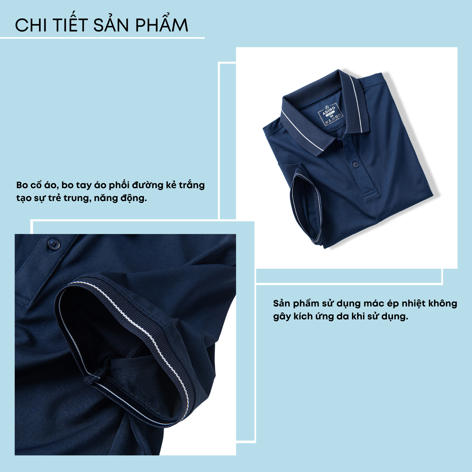 Áo thun có cổ nam màu xanh đen phối viền ADINO vải polyester cotton mềm mịn dáng slimfit công sở trẻ trung AP95