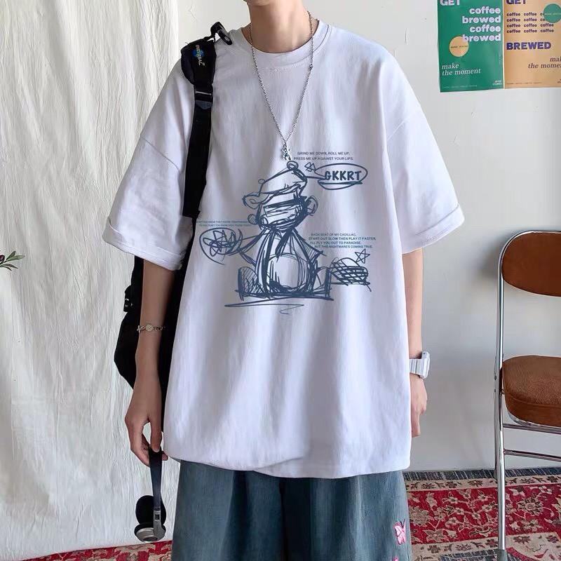 Áo Thun Cotton OverSize Unisex Nam Nữ Form Rộng Tay Lỡ in Hoạt Hình Cute, Áo thun nam nữ tay lỡ form rộng Unisex Oversize T- shirt logo hoạt họa cute chất thun cotton co giãn thoáng mát form 50-70kg mặc