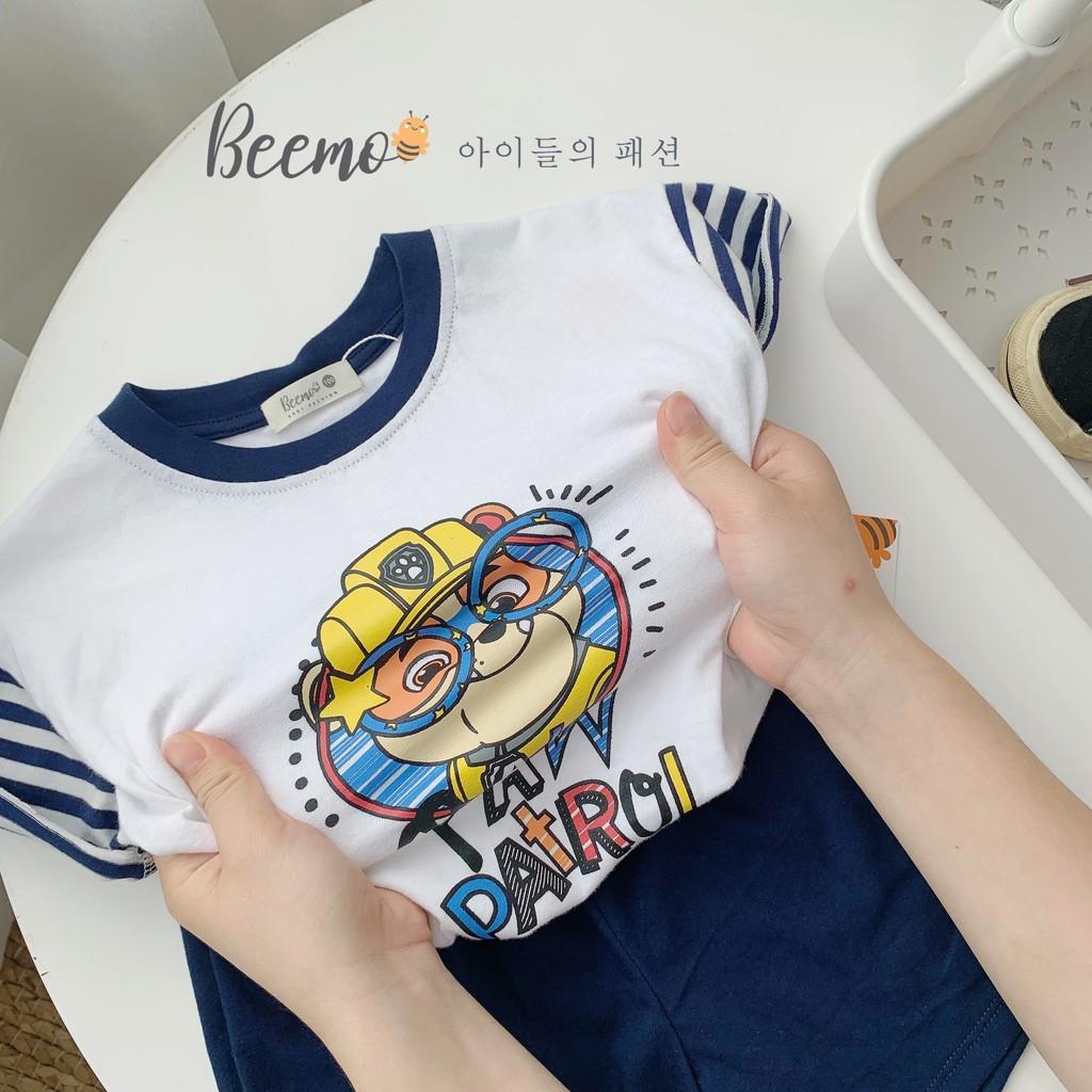 Set áo phông quần ngố bé trai họa tiết phối tay kẻ phong cách Hàn Quốc size 9-23kg