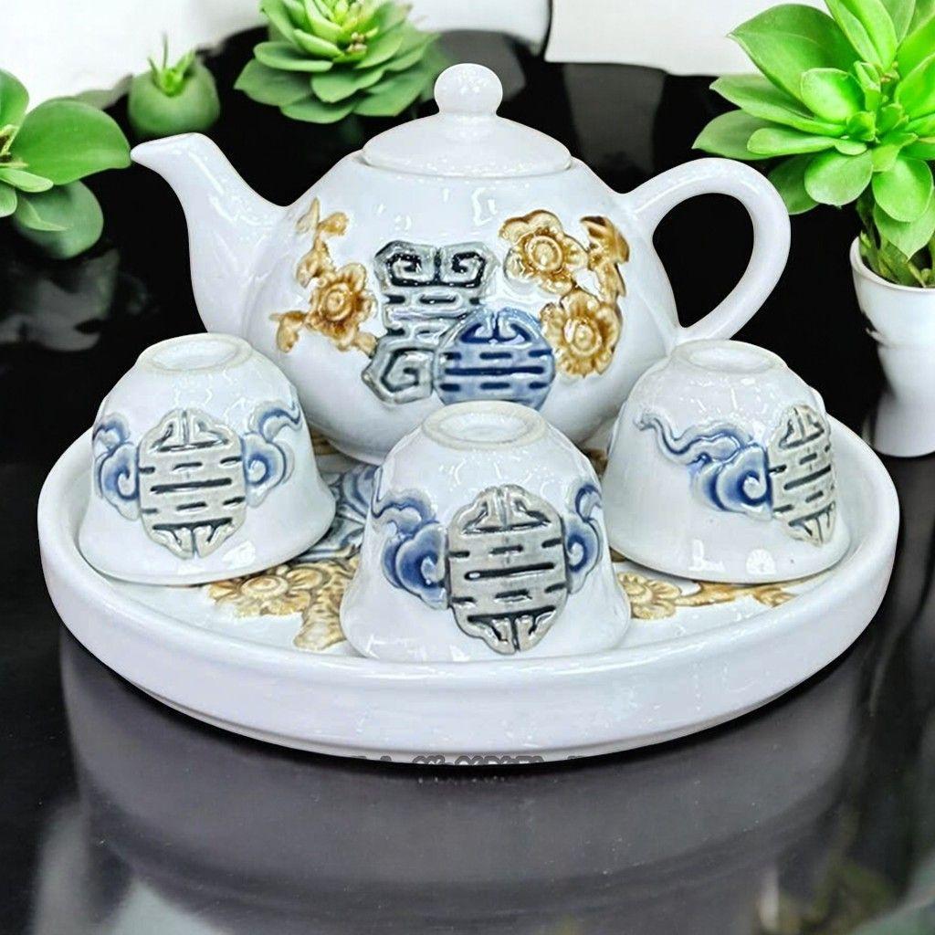 Bộ Ấm Chén Thờ RỒNG VIỆT Men Trắng Cao Cấp - Gốm Bát Tràng Họa Tiết Đào Thọ Đắp Nổi