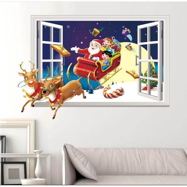 Decal trang trí Noel - Cửa Sổ Tuần Lộc kéo Xe Ông già Noel phát quà 02