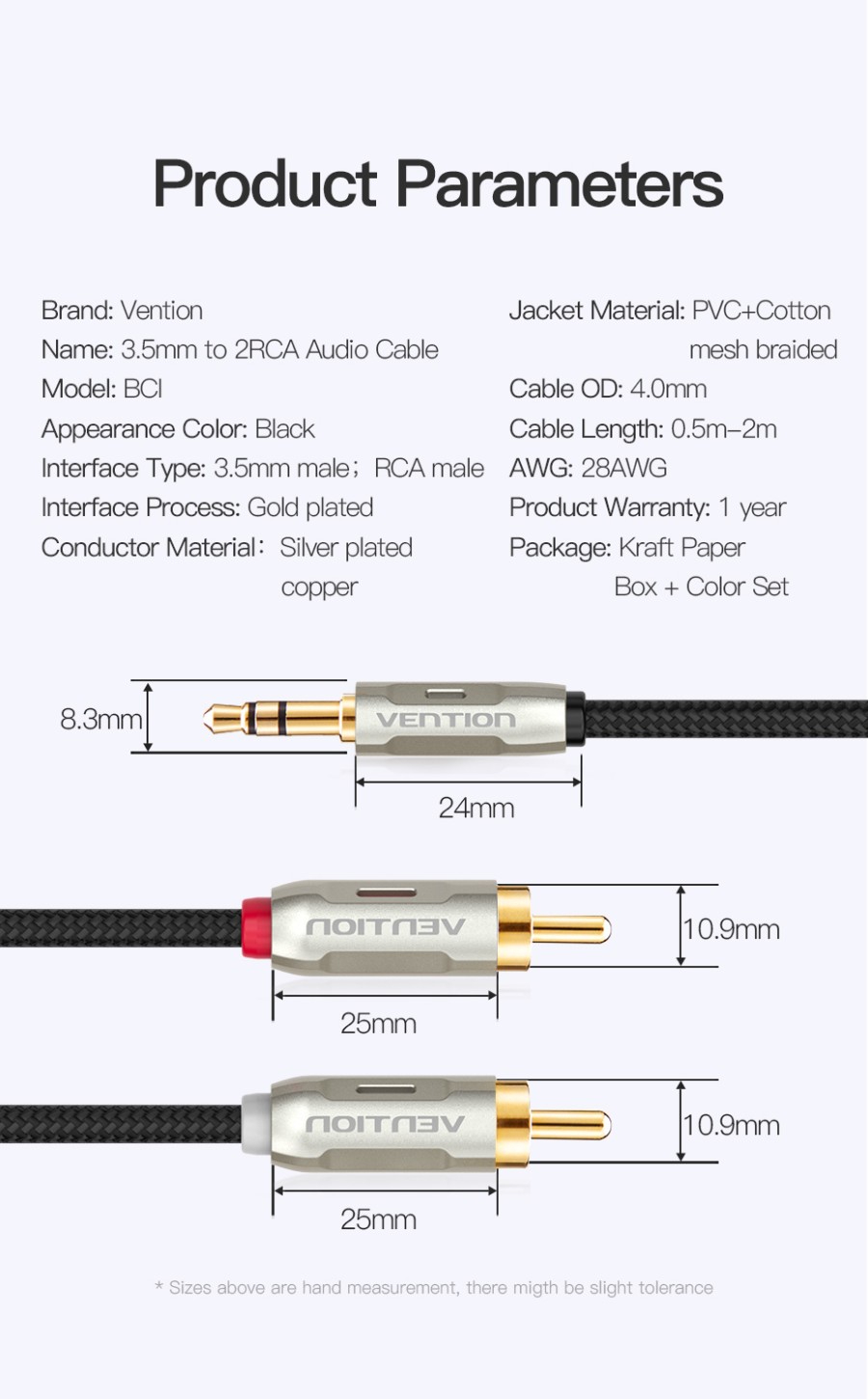 [ 3.5 ra 2 đầu RCA ]  Cáp chuyển Audio  3.5mm male ra 2 đầu RCA Male dây dù  Vention BCIBG / BCNBG - Hàng chính hãng