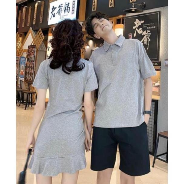 Áo đôi: Váy rút nếp một bên nữ phong cách vs áo polo nam