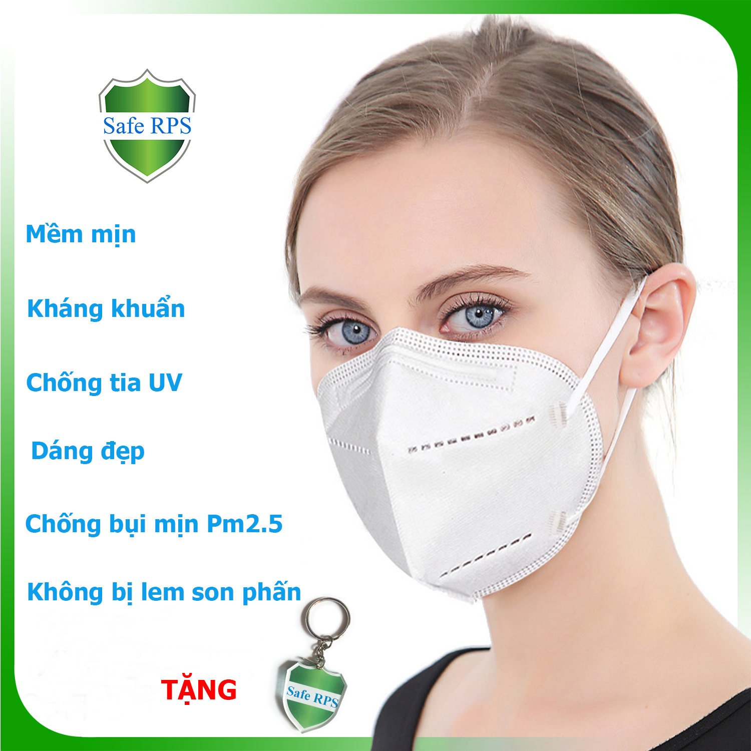 10 cái khẩu trang KN95 chống bụi mịn Pm2.5 , cao cấp kháng khuẩn , màu trắng - tiêu chuẩn ISO13485, ISO9001, CE, FDA - xuất khẩu Châu Âu , Mỹ ; Tặng móc treo khóa Safe RPS