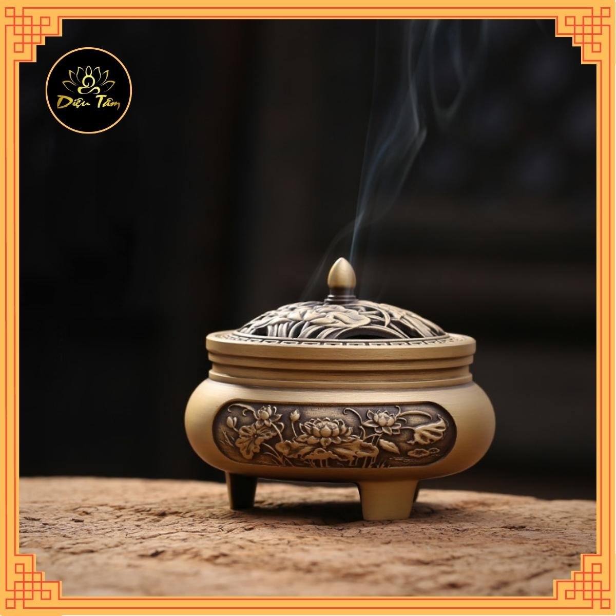 Lư đồng xông trầm - lư đốt trầm thay cho thác khói trầm hương, đồ thờ cúng shop Diệu Tâm mẫu Lư 3 chân khắc sen