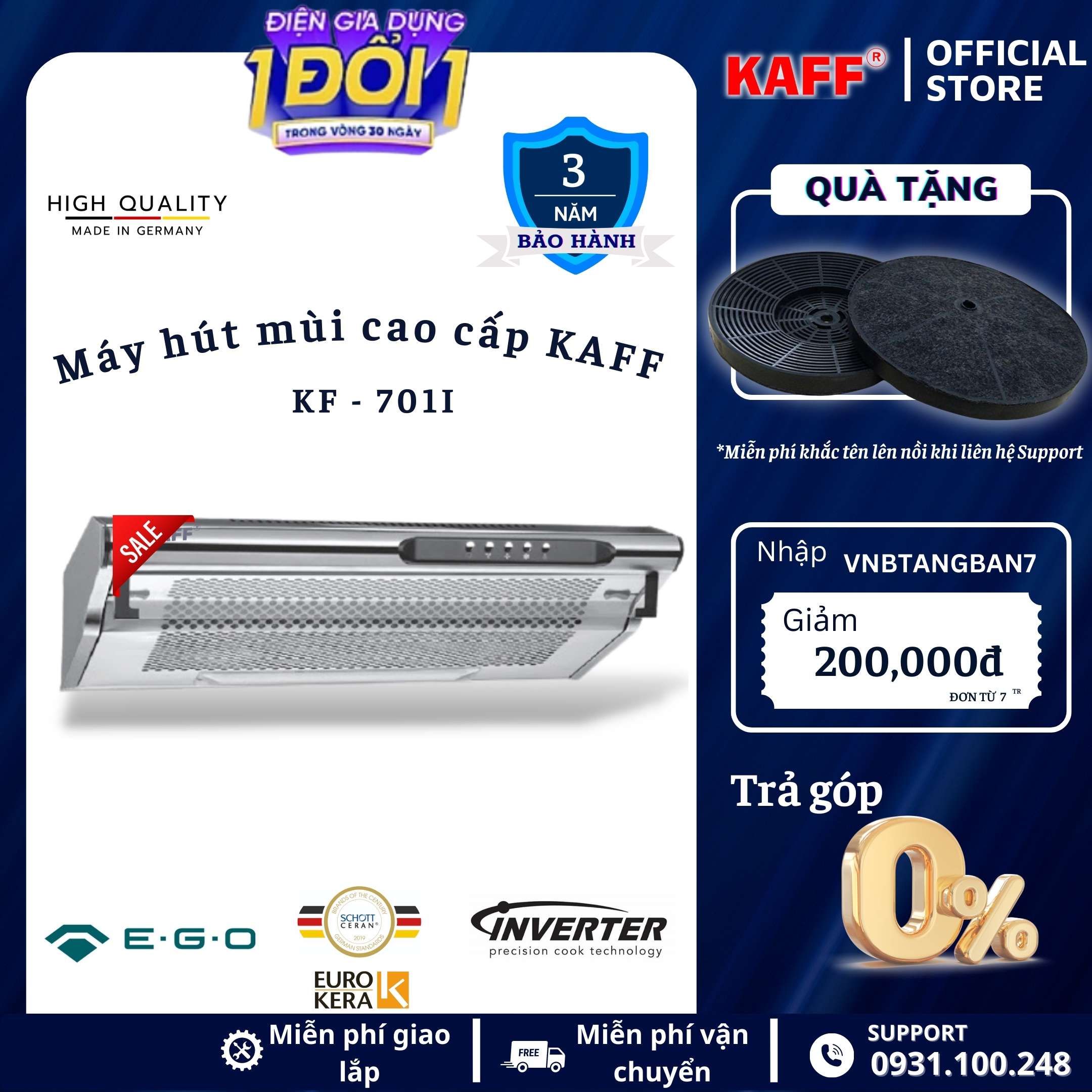 Máy hút mùi cổ điển màu bạc 700mm KAFF KF_701I Tặng bộ lọc than thay thế _ Hàng Chính Hãng