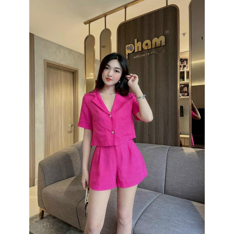 Sét bộ tuyết mưa áo vest croptop phối quần đùi ống rộng màu sắc xinh xắn dạo phố, đi biển
