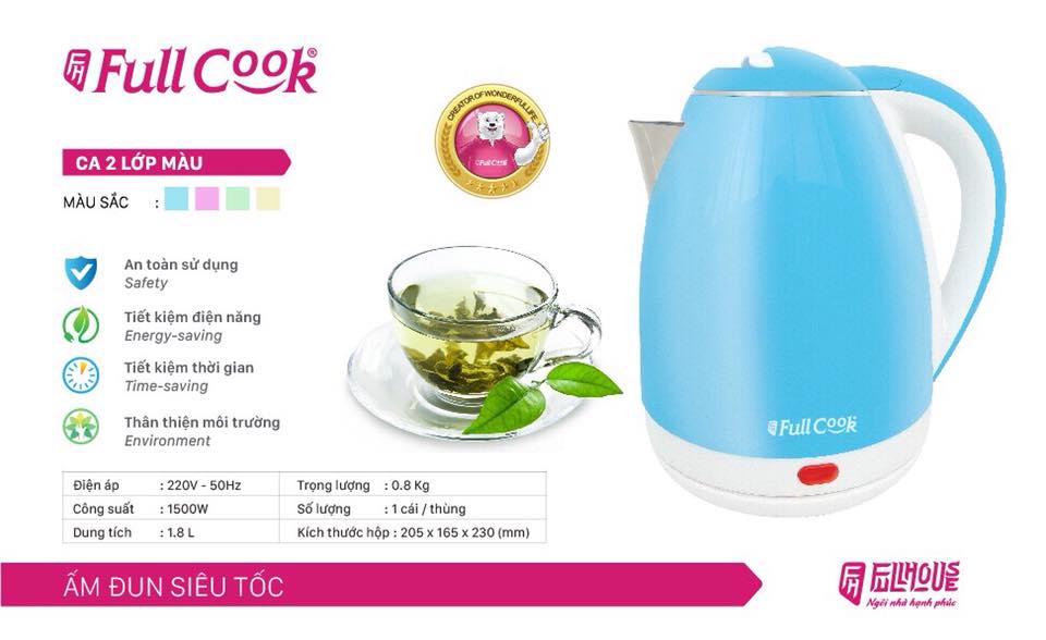 Bình Ấm Siêu Tốc Điện 2 Lớp FullCook (1.8L) - Màu Ngẫu Nhiên - Chính Hãng