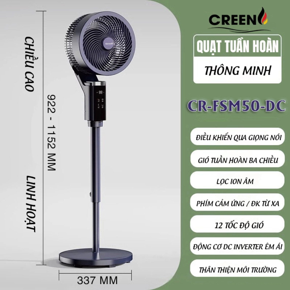 Quạt Tuần Hoàn CREEN CR-FSM50-DC Điều Khiển Giọng Nói,12 Tốc Độ, Động Cơ DC 55W, Hàng Chính Hãng