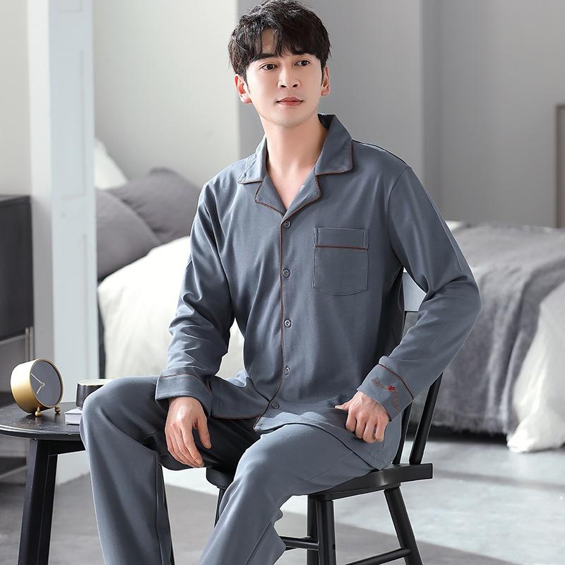 88759 - Bộ Pijama nam dài tay cao cấp, vải cotton trơn màu mềm mịn, size L-3XL