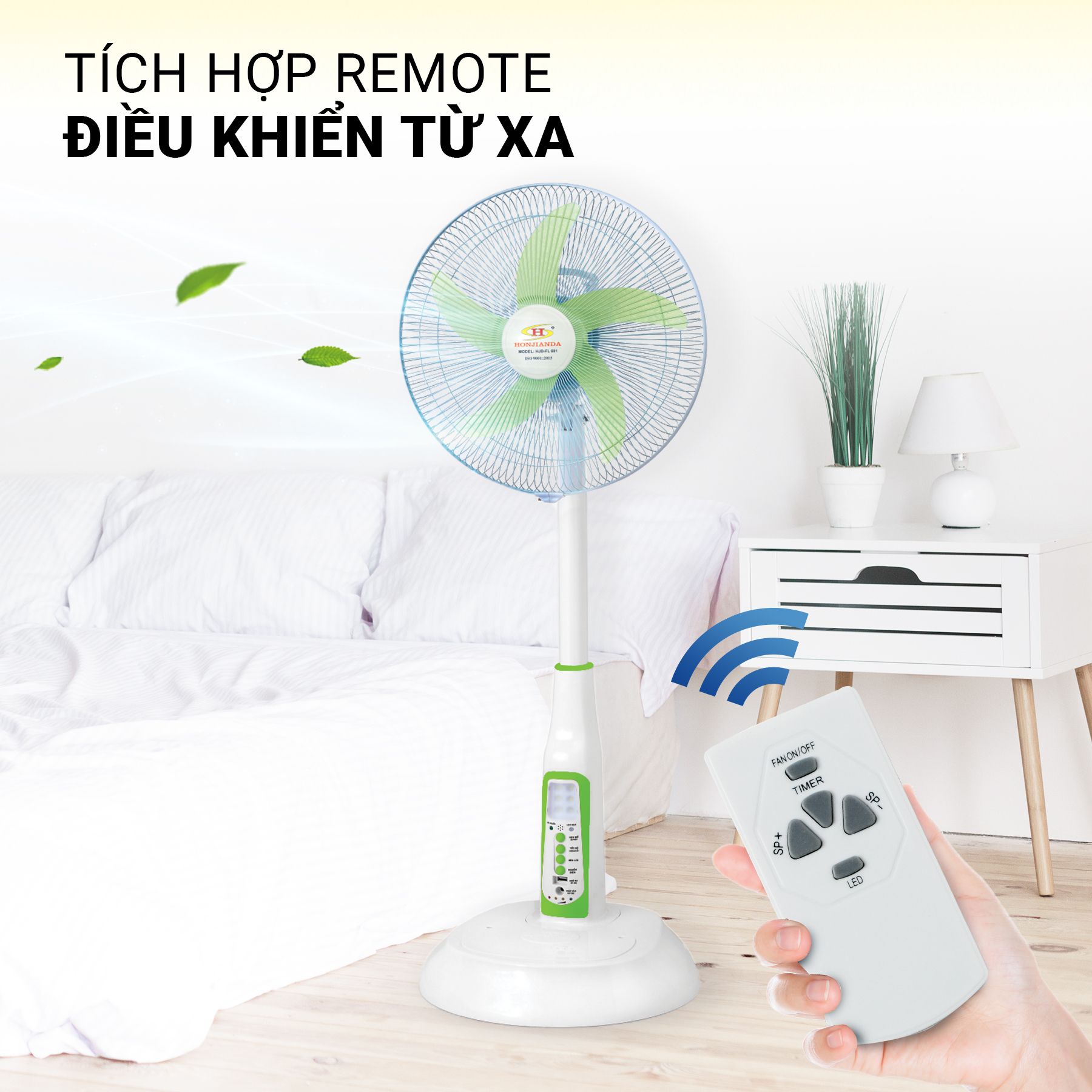 Quạt sạc tích điện Honjianda FL 601 - tích hợp đèn LED & cổng USB - có remote