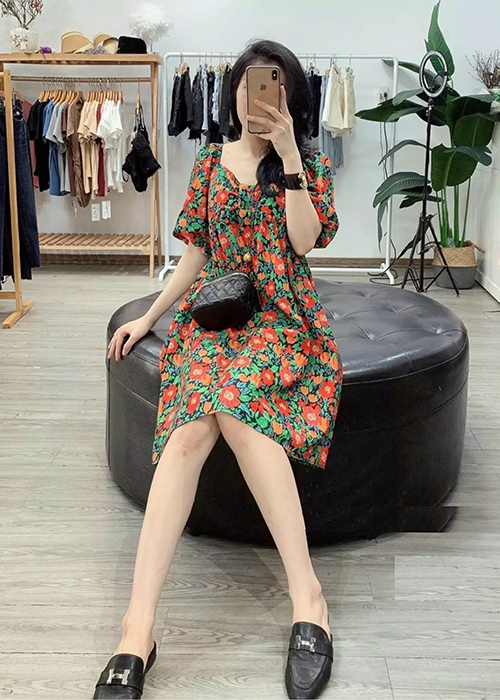 Đầm Xòe Tay Phồng In Hoa Nhí Duyên Dáng