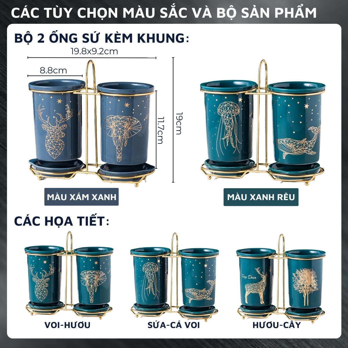 Bộ ống sứ đựng đũa, thìa, muỗng DandiHome cao cấp kèm khung thép cao cấp