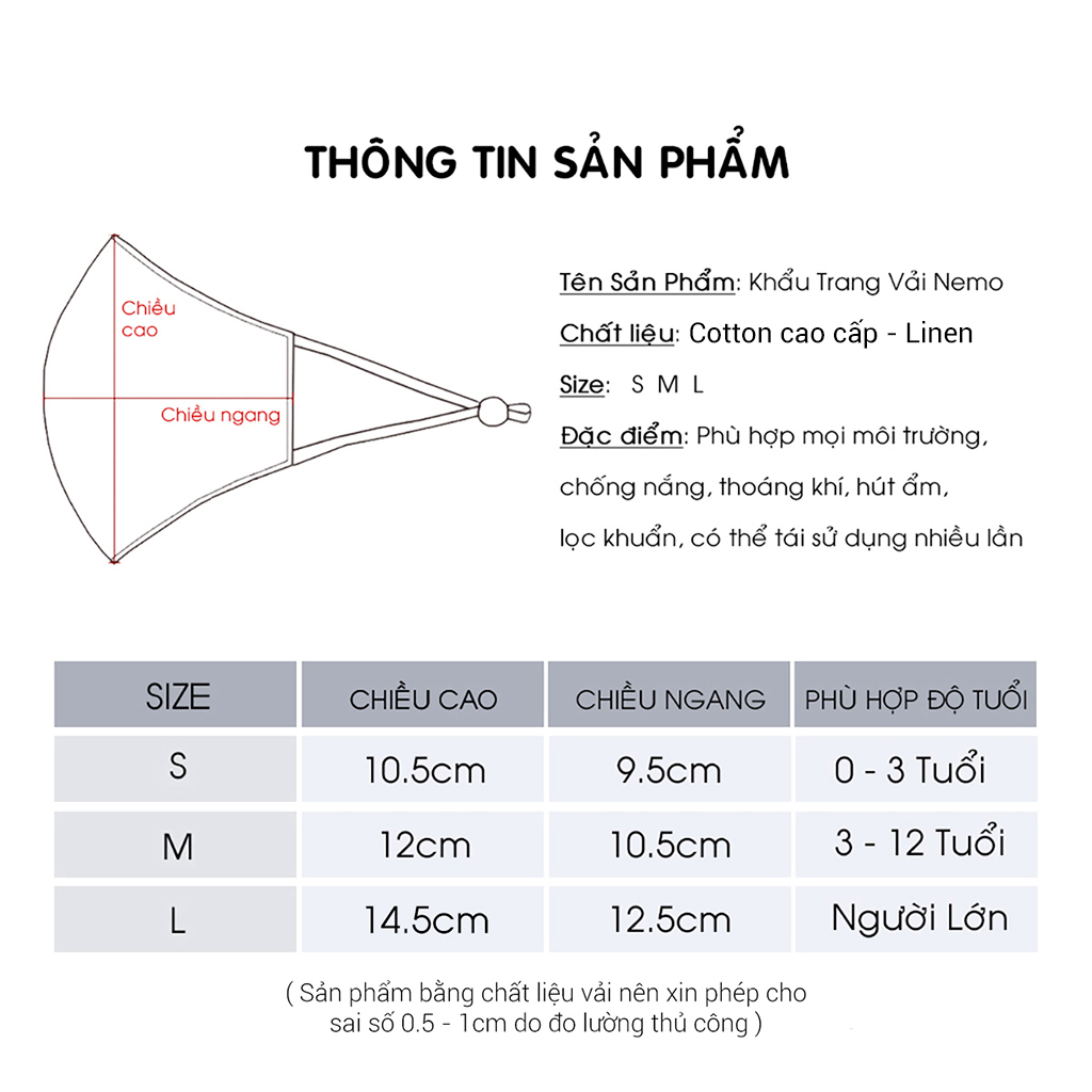 Khẩu Trang Vải 3 Lớp Họa Tiết NEMO, có nút tăng giảm dây dễ điều chỉnh - KTHTG