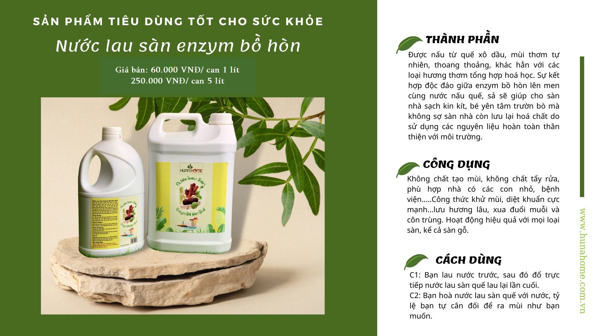 Nước lau sàn enzyme bồ hòn quế Huna'shome can 5 lít