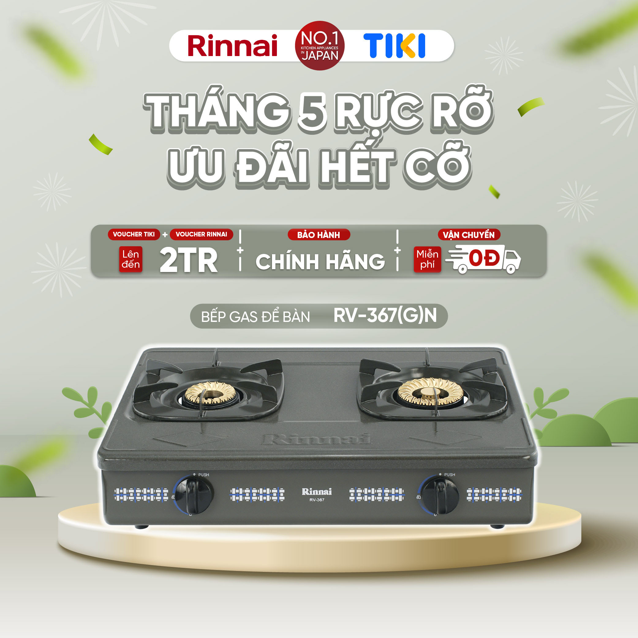 Bếp gas dương Rinnai RV-367(G)N mặt bếp men và kiềng bếp men - Hàng chính hãng.