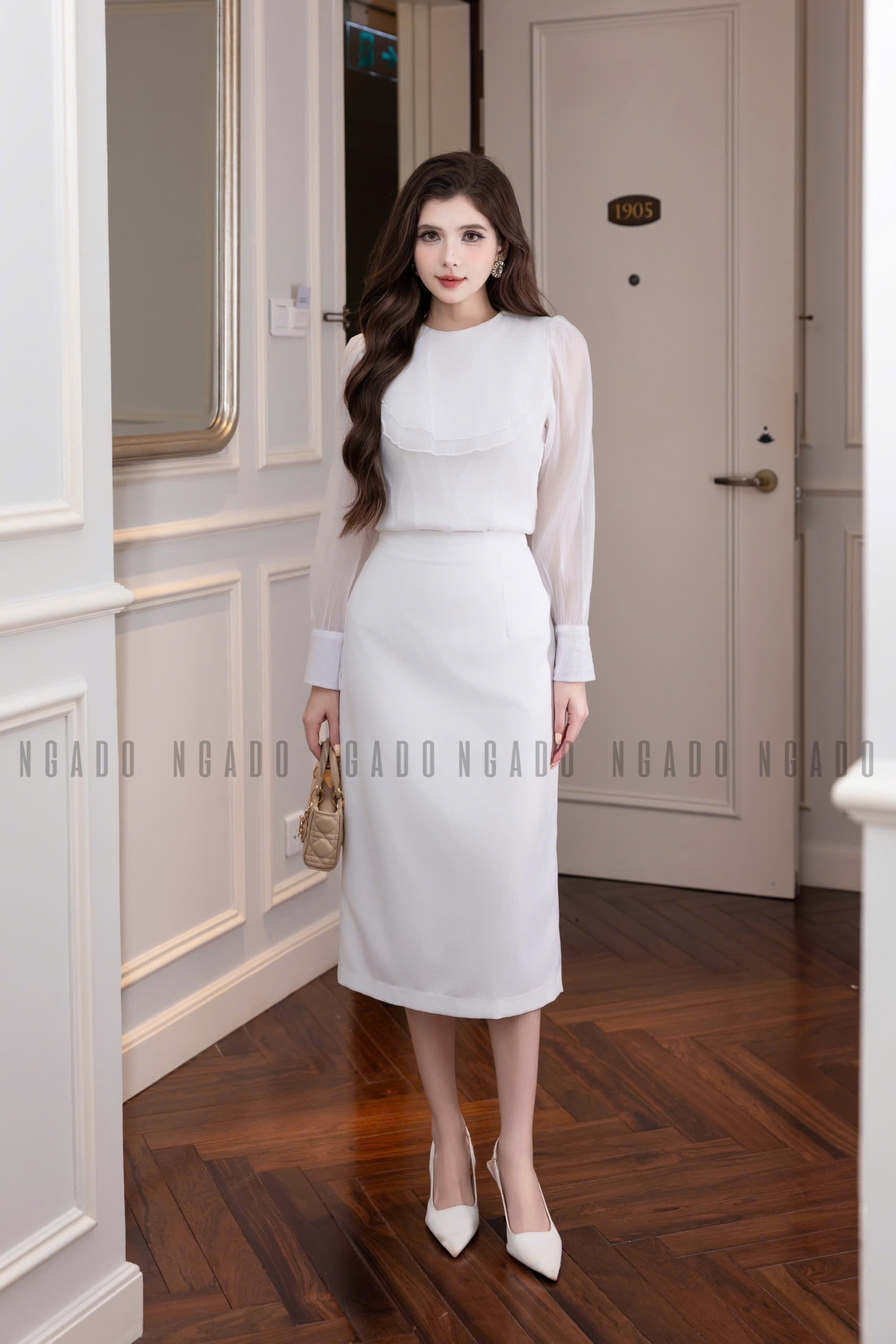 Set áo váy voan trắng bút chì NGADO , set áo kèm váy , set áo váy Nữ
