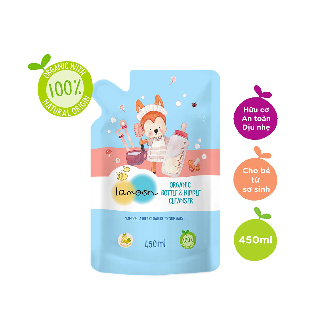 COMBO 2 Túi Nước Rửa Bình Sữa Organic Lamoon 450ml TẶNG 1 Ty Ngậm Siêu Nhẹ Cho Bé