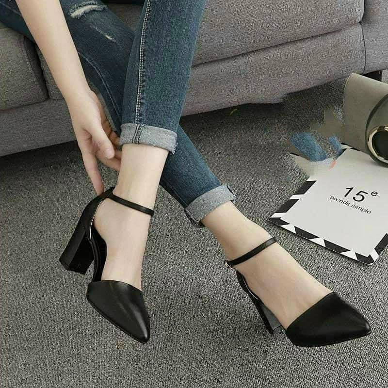 Giày Sandal cao gót nữ 7P BÍT MŨI BÍT GÓT DA LỲ mẫu mới Đen &amp; Trắng