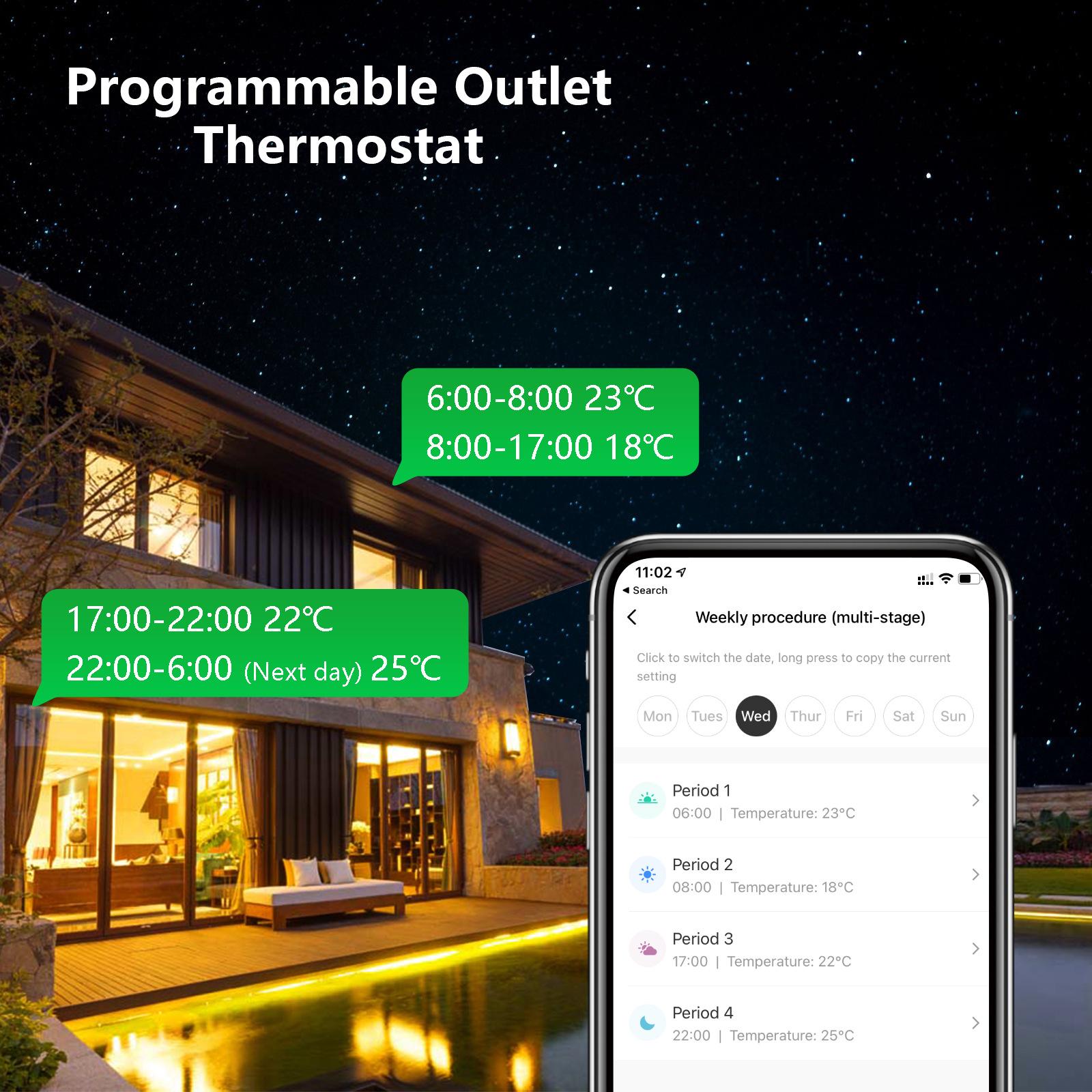 Programmable Smart Wifi Thermostat Plug Outlet Mini Temperature Controller 10A Plug-in Socket APP Control Voice Control Schedule Timer Electric Switch for Heating Cooling Appliances
