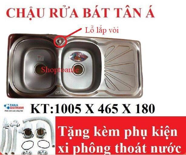 Chậu rửa bát Inox Tân Á xuất khẩu 2 ngăn (có bàn phụ) - đã đủ phụ kiện thoát nước